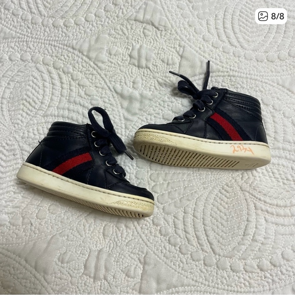 GUCCI Toddler High Top Sneakers Ace Web Navy Blue Leather Kid Size 21 - Picture 8 of 8